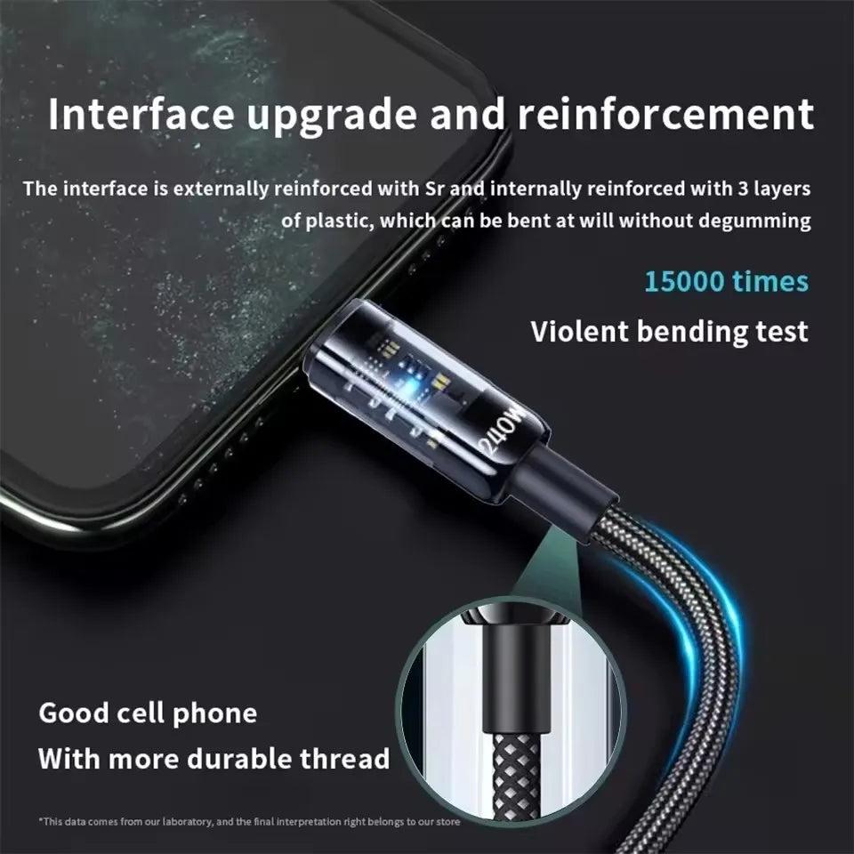 240W Nylon USB Type C Super Fast Charging Cable For Samsung Xiaomi Huawei Honor LED Digital Display USB C Charger Data Cord